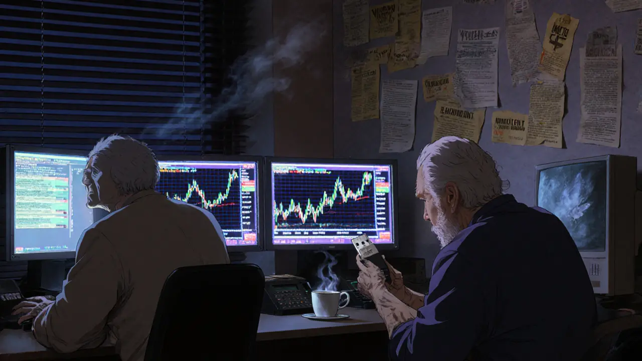 Three investors in a dim room staring at flickering MOTA price charts on old monitors.
