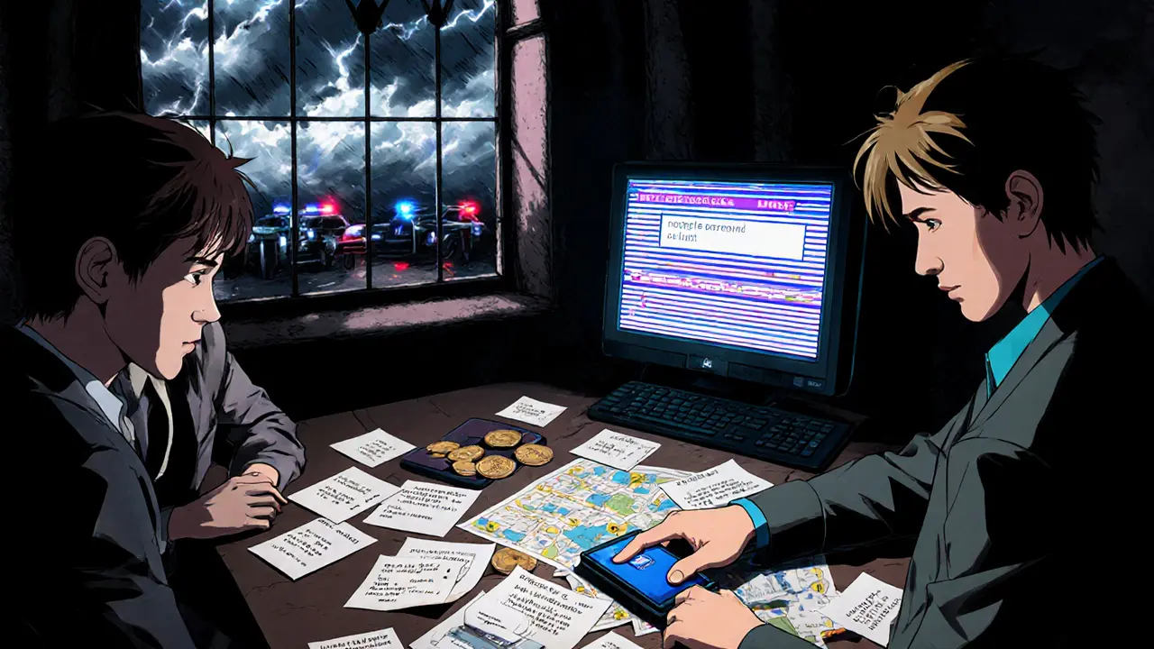 Three people in a hidden vault with hardware wallets and recovery papers, lit by glowing device screens.