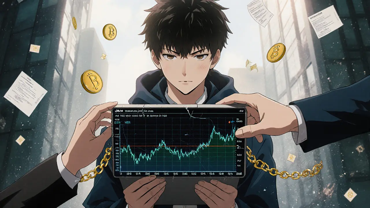 Trader staring at a calming XRP price chart, institutional hands stabilizing it with golden chains in morning light.