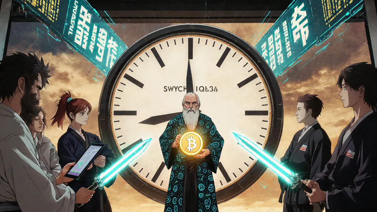 Traders in a futuristic dojo sparring with chart-shaped swords under a glowing SWYCH token mentor.