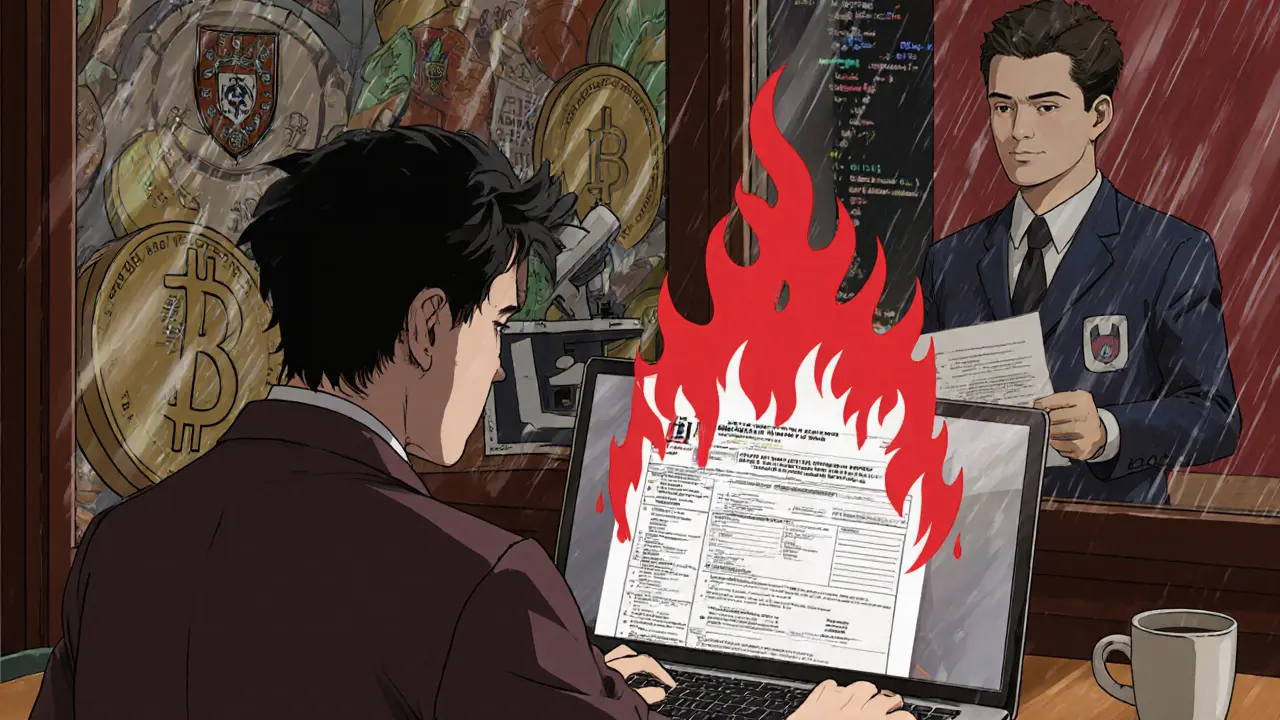 U.S. citizen at café facing IRS form with red flames, Portuguese tax document in hand, crypto coins turning into research icons.