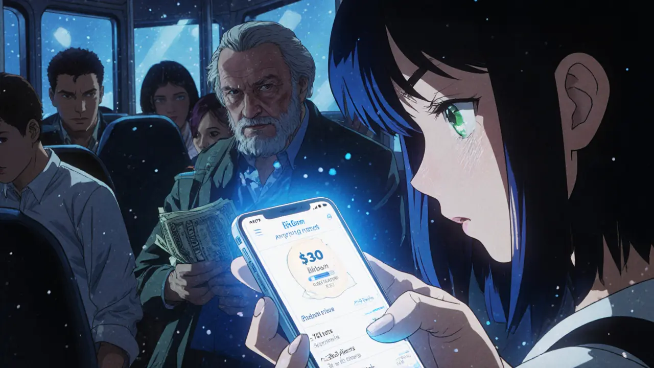 Woman staring at her phone as Chivo Wallet converts Bitcoin to dollars, an elderly man clutches US cash in the background.