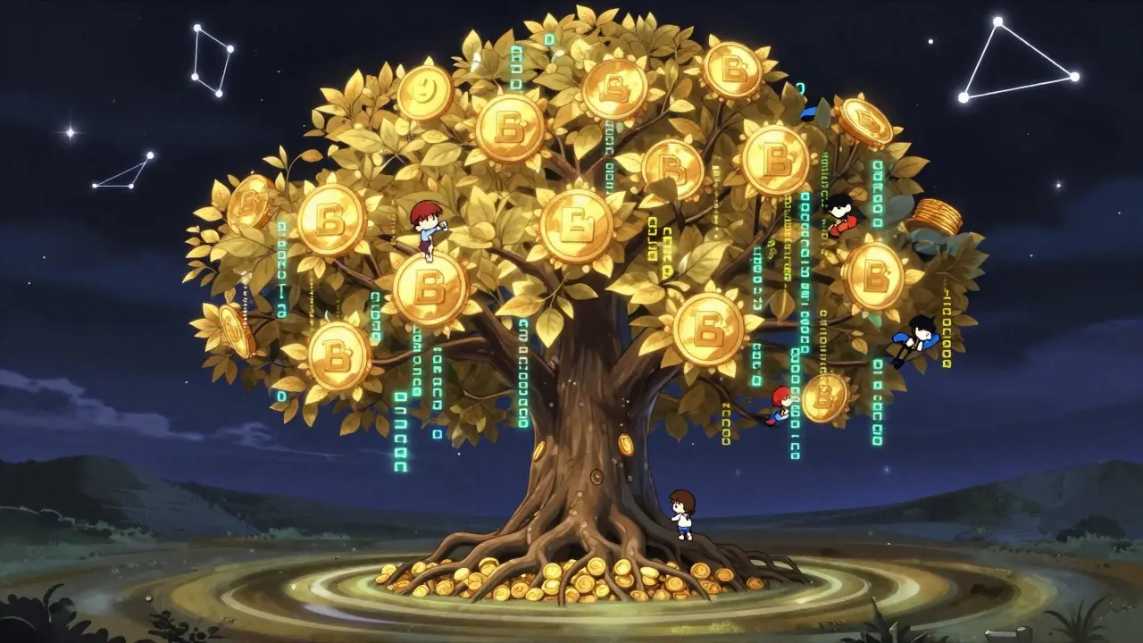 A blockchain tree with wSOL leaves grows from a Solana core, users climbing to harvest DeFi yield.