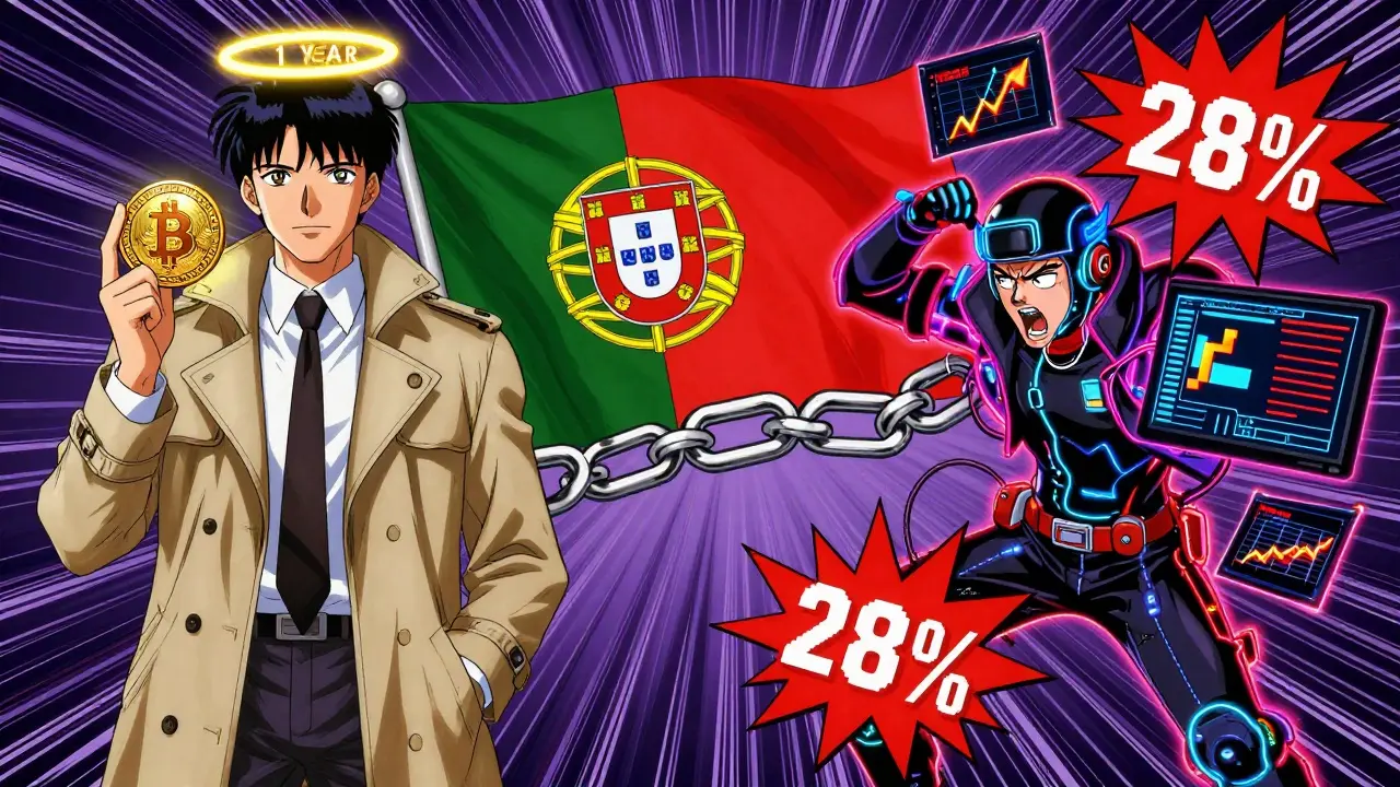 A calm investor with a 1-year Bitcoin halo battles a chaotic trader surrounded by exploding 28% tax signs.