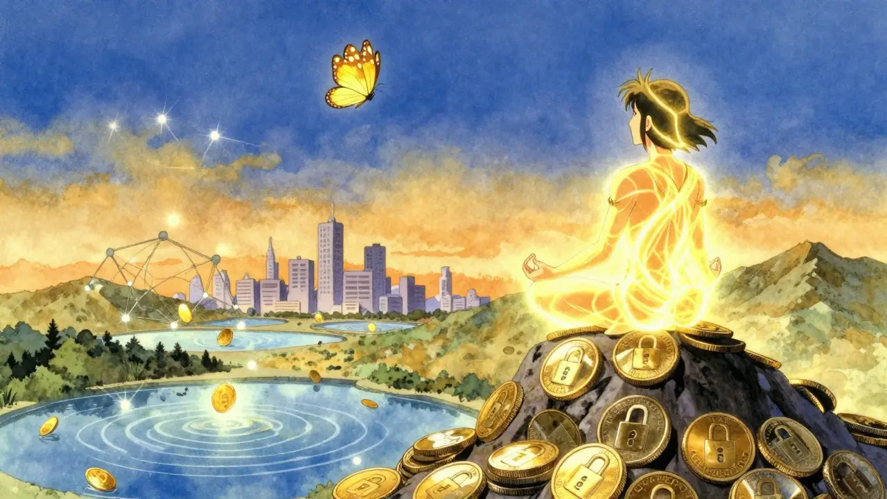 A character meditating on a mountain of locked tokens, with stablecoin pools below and a fee-token butterfly flying nearby.