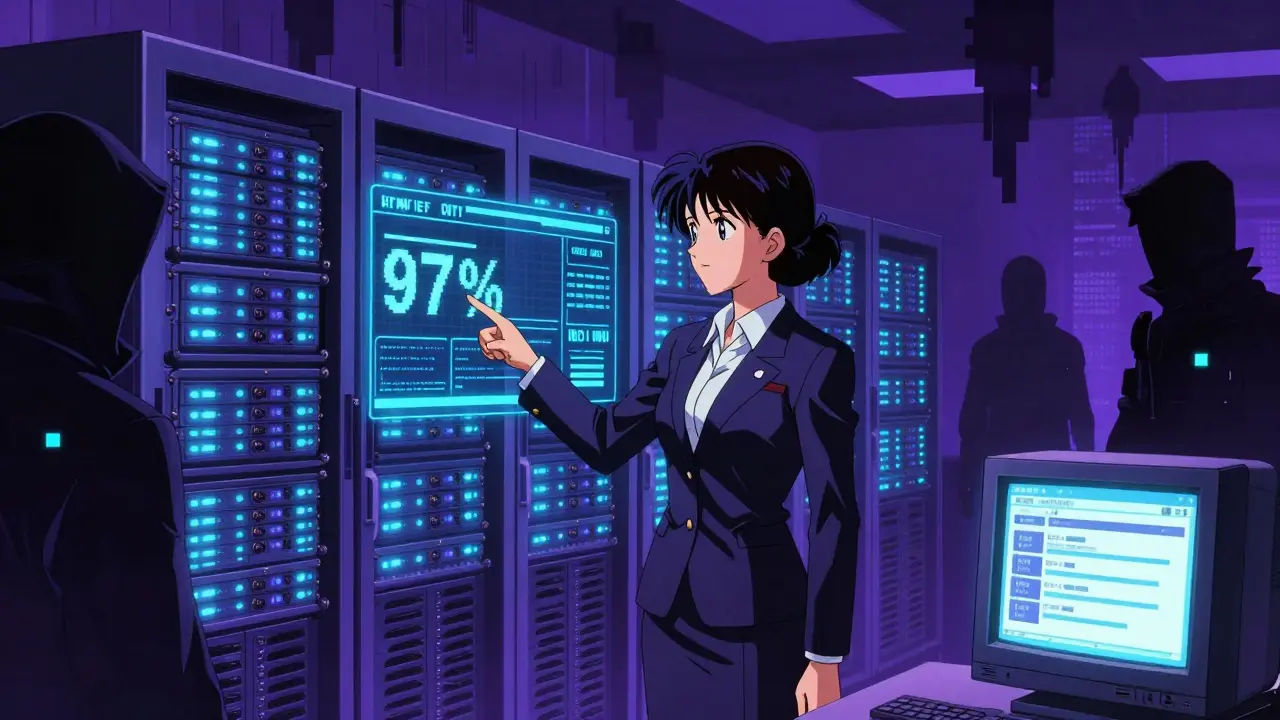 A compliance officer monitors a server room with cold storage hardware glowing blue, hackers dissolving at the edges in 90s anime style.