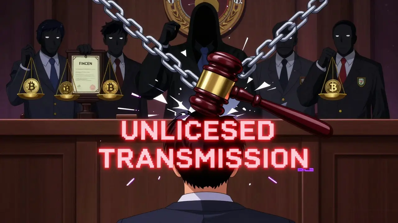 A courtroom scene with regulators looming over a defendant charged with unlicensed crypto operations.