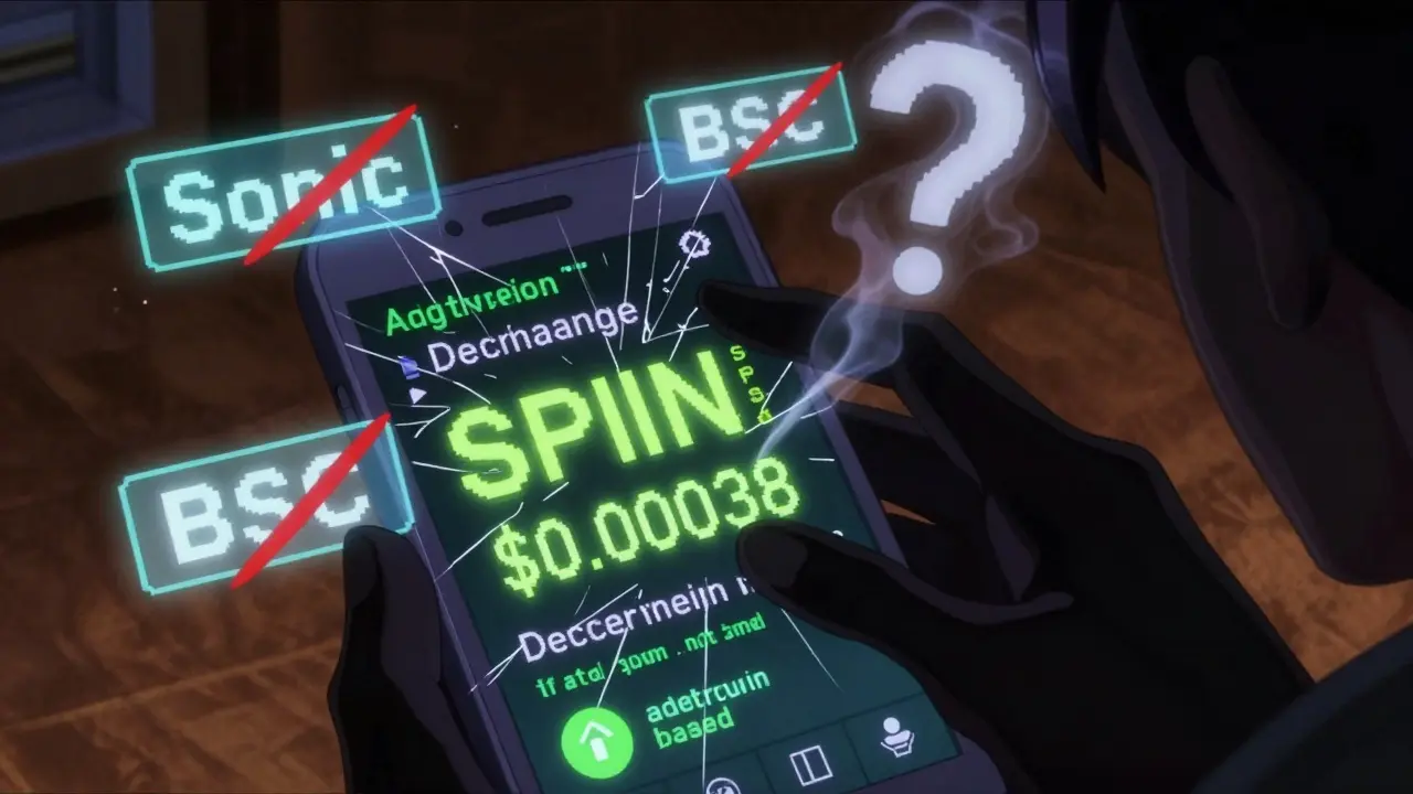 A cracked phone screen showing SPIN token price at <h2>Who uses SPIN and why?</h2>.00038 with conflicting blockchain labels and red warning slashes.