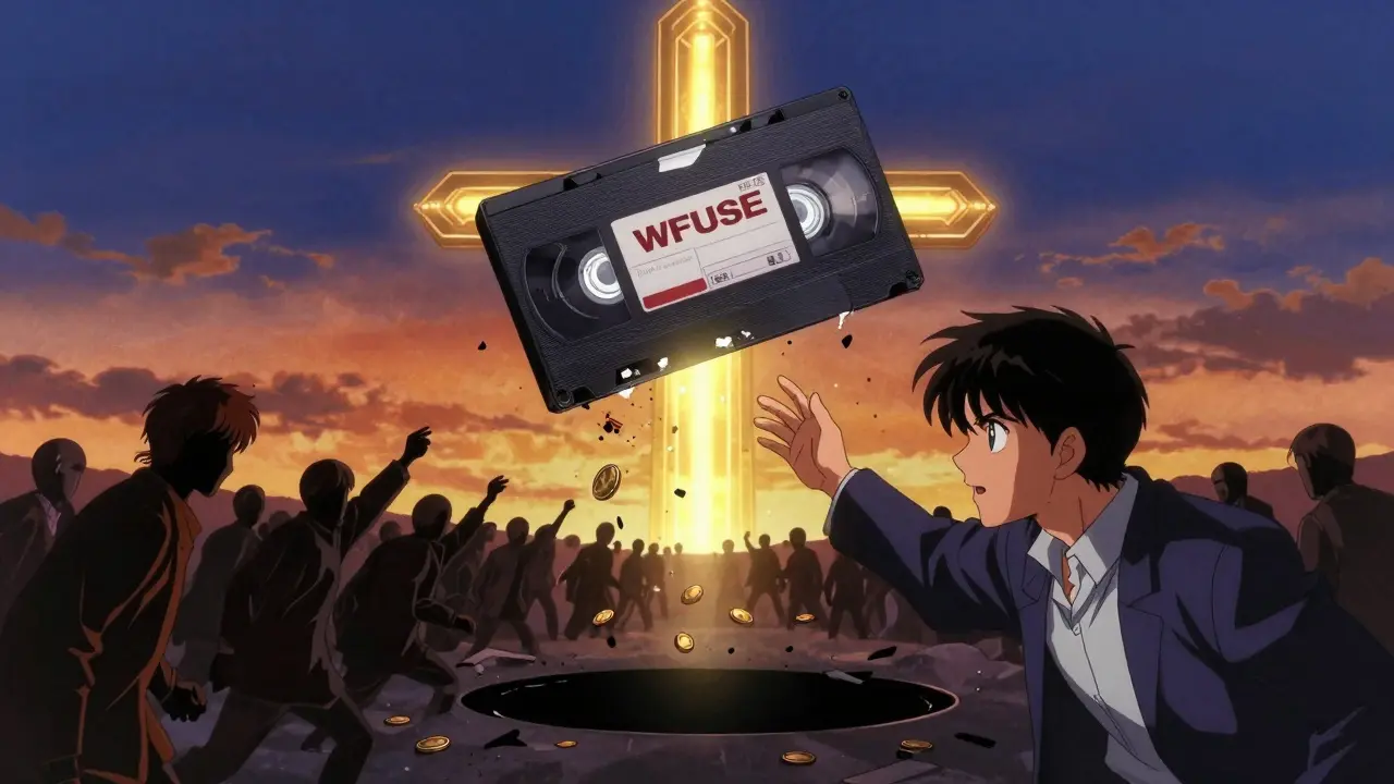 A crumbling WFUSE tape dissolving as a new cross-chain system rises in the background, symbolizing obsolescence.