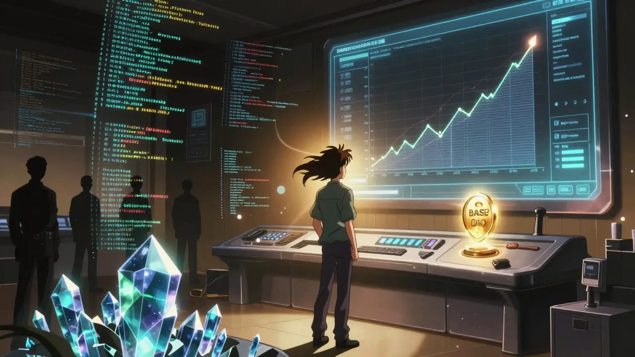 A developer facing a growing Base wallet graph, with DAO crystals and shadowy regulators in the background under glowing holograms.