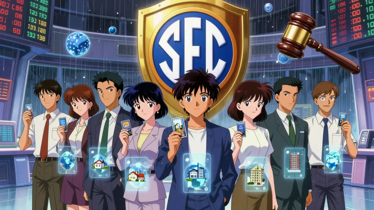 A diverse group holds glowing token cards that project global real estate holdings in a futuristic trading hall under a protective SEC shield.