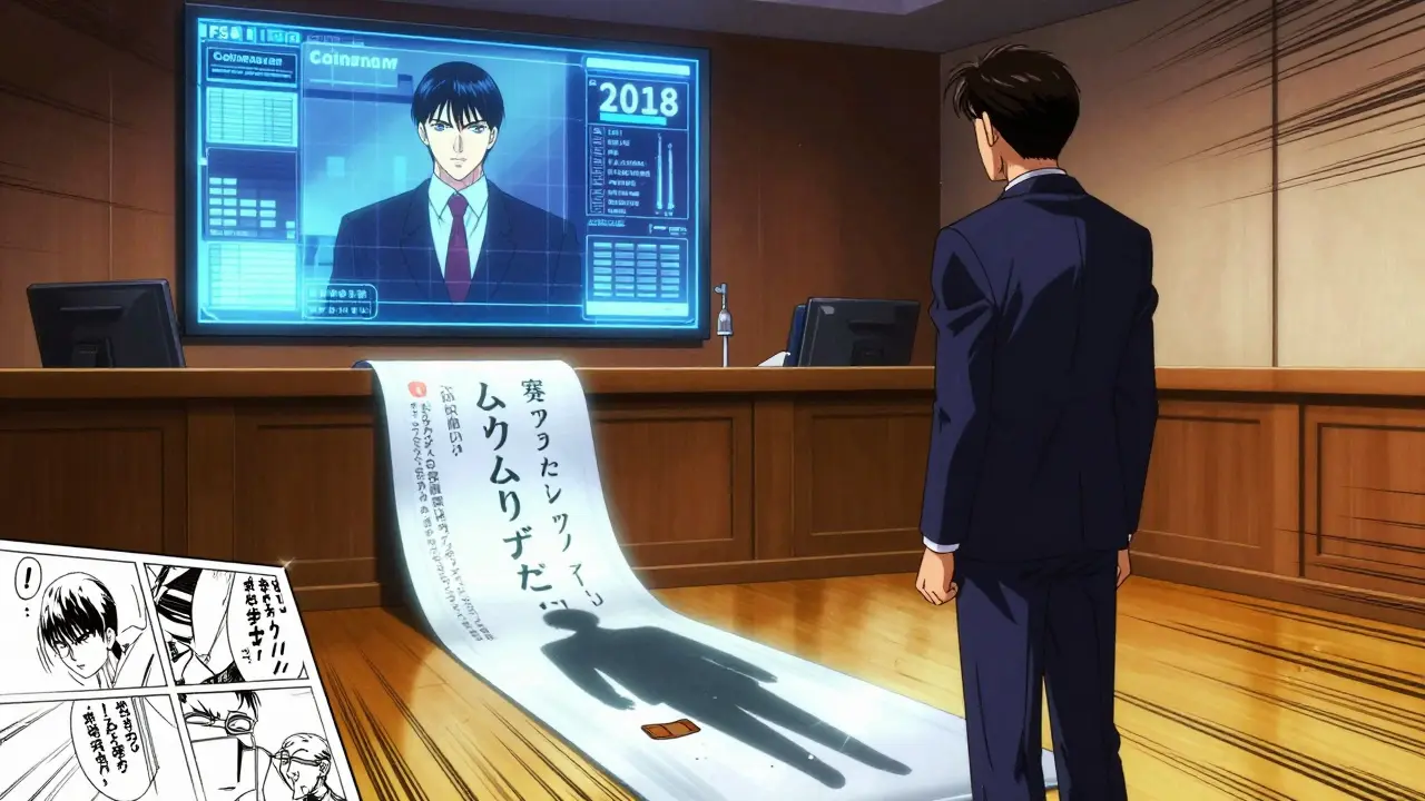 A foreign CEO stands in court as a hologram of the Coincheck hack looms behind them, PSA law scroll glowing on the floor in 90s anime style.