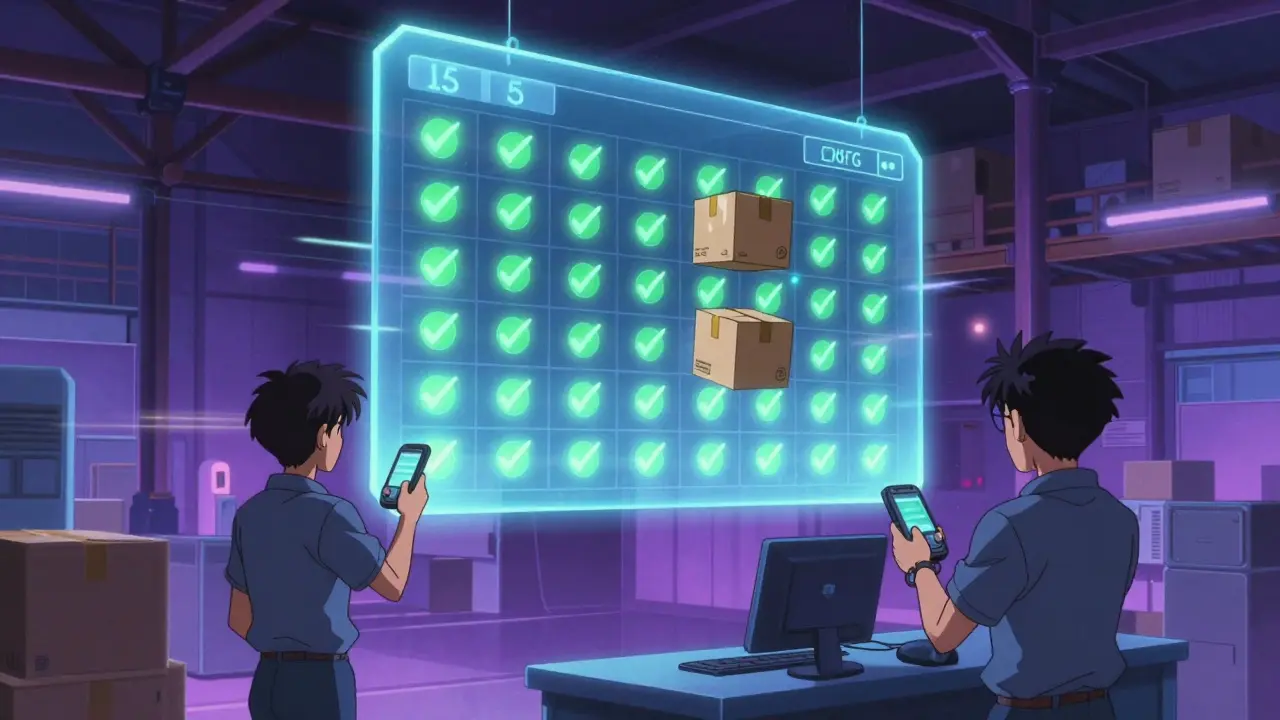 A futuristic warehouse with a floating blockchain ledger updating in real-time, glowing green checkmarks appearing as items are verified.