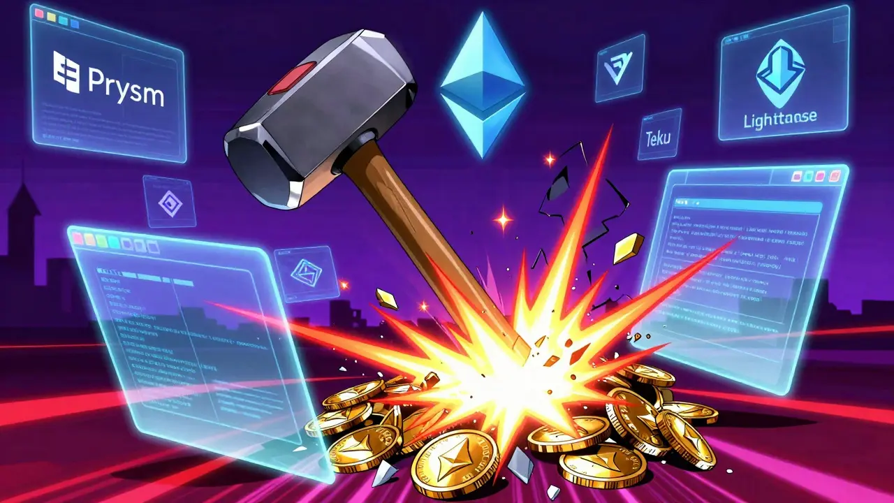 A hammer smashes staked ETH coins as slashing warnings flash, with fractured blockchains in the background.