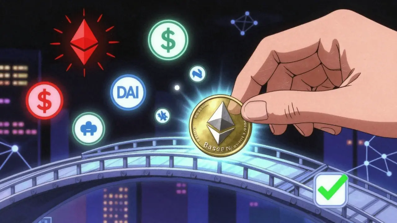 A hand bridging ETH from Ethereum to Base, with contrasting visuals of high fees and smooth transactions in a 90s anime style.