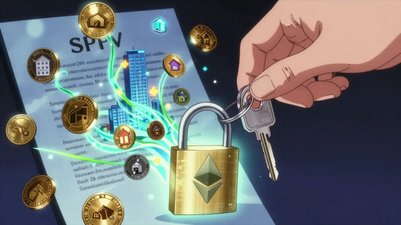 A hand turns a physical key into a glowing blockchain lock, releasing tokens shaped like miniature buildings into the air.