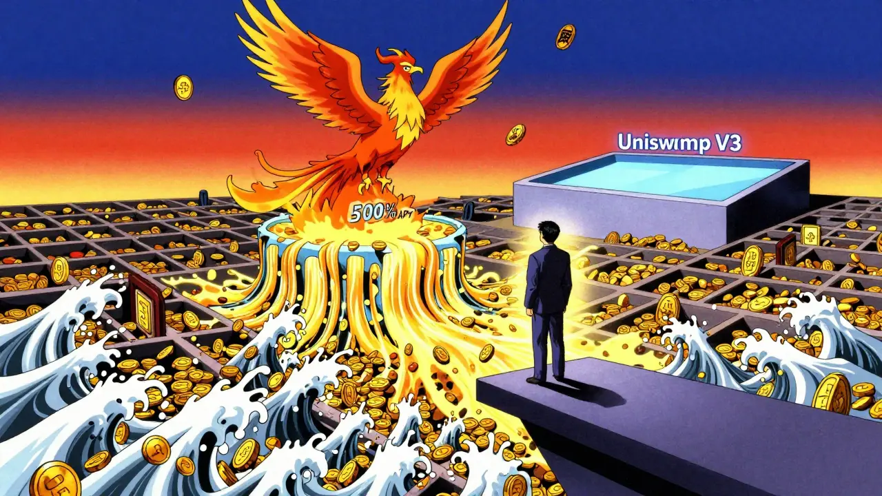 A liquidity provider on a floating platform as mercenary capital surges below, with a phoenix token rising from a collapsing farm.