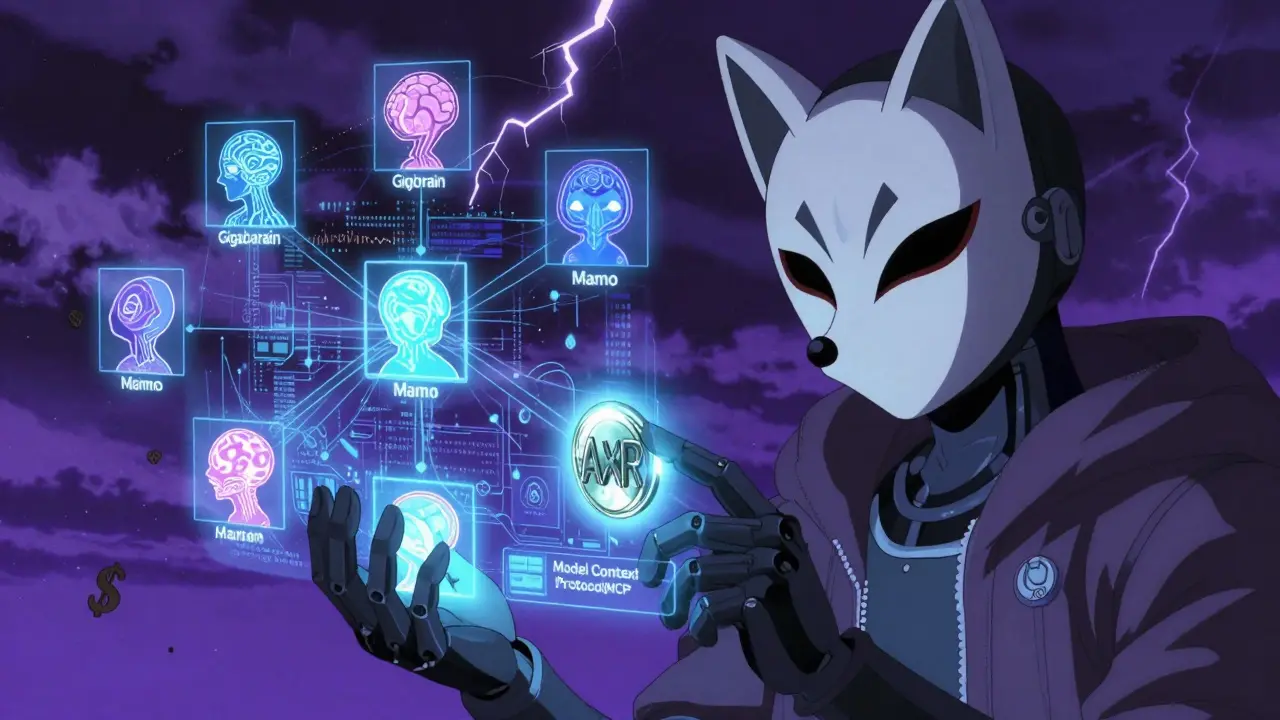 A masked AI agent connecting neural data streams of trading algorithms with glowing AXR token in hand.