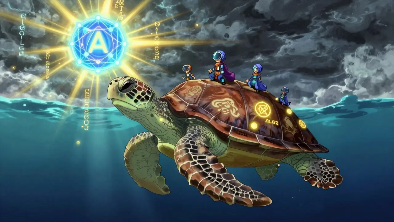A massive turtle NFT with blockchain symbols rises from the ocean as avatars ride toward a glowing Matrix logo.