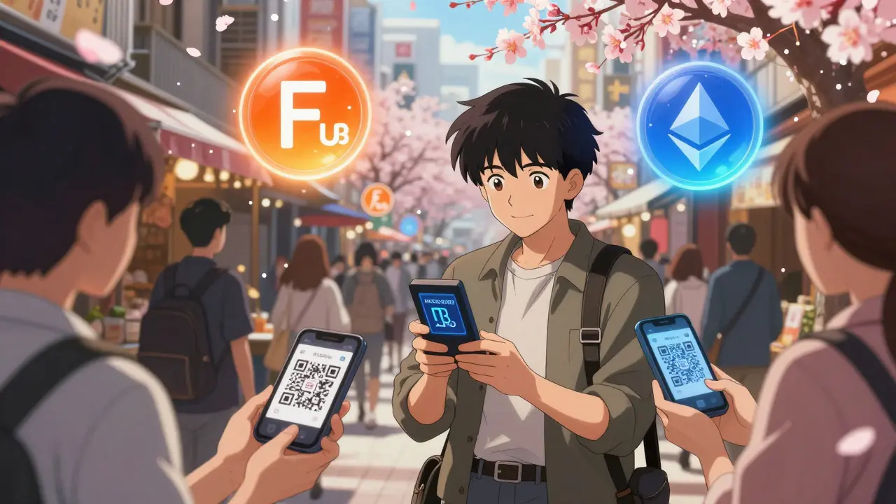A merchant in a street market converting WFUSE to USD, with floating tokens like cherry blossoms around them.