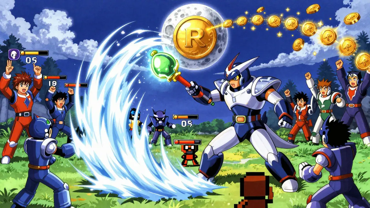 A Metamon warrior using a Potion NFT to attack enemies in a vibrant battle, with stats and tokens glowing in the air.