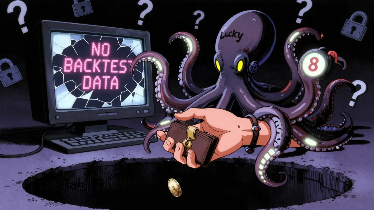 A mysterious octopus bot with eight tentacles looms over a hand dropping a coin into a void.