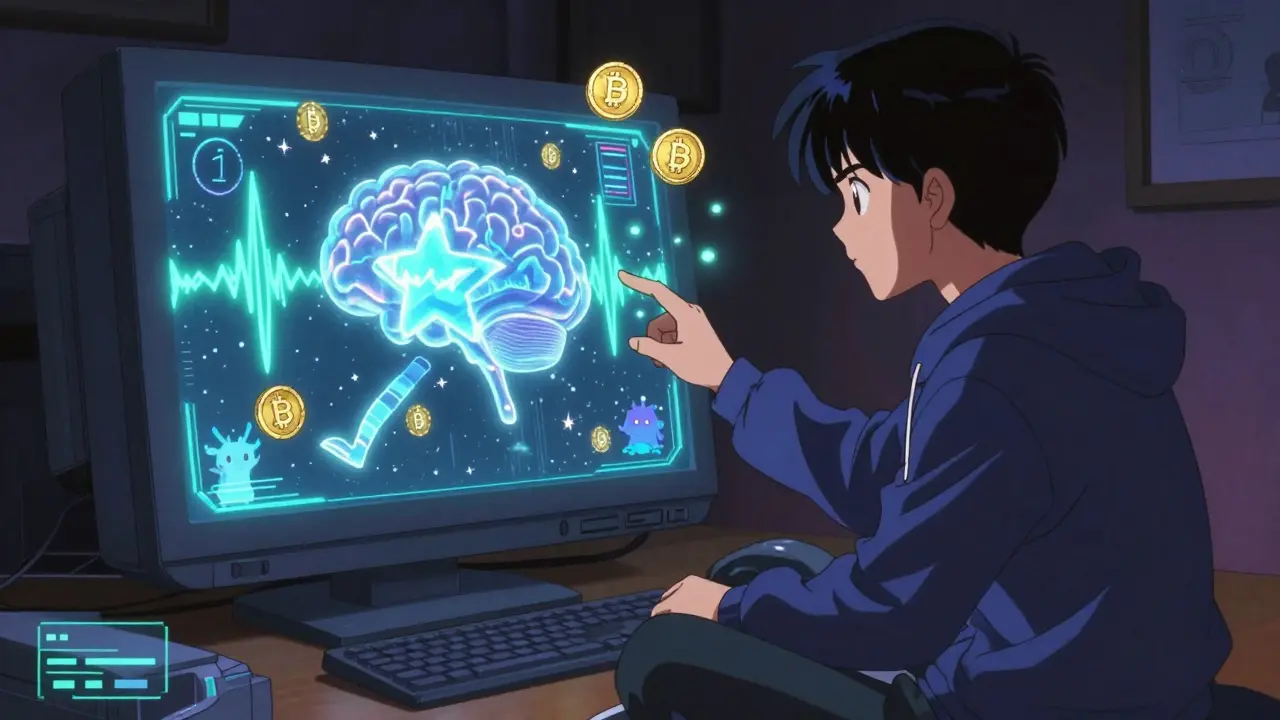 A person sees their brainwave avatar step out of a monitor into an Ocean Star NFT portal filled with MAN tokens.