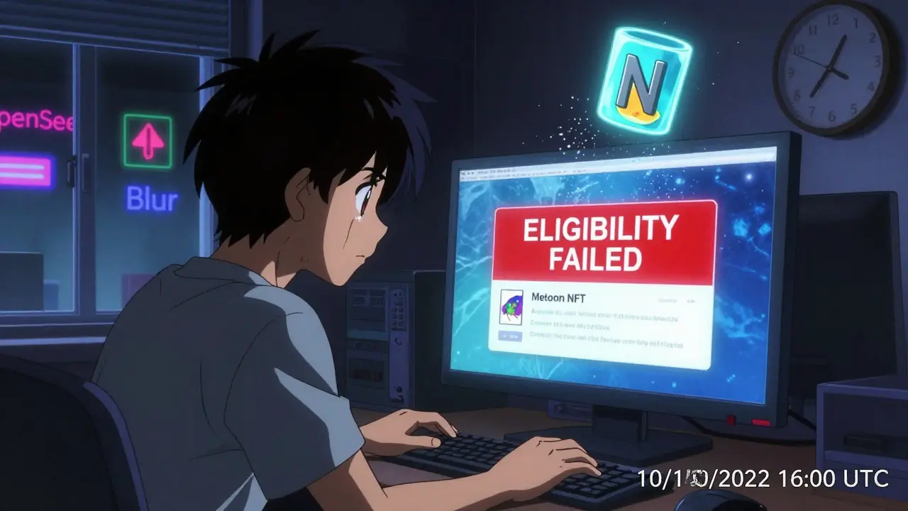 A player staring sadly at a computer screen showing 'ELIGIBILITY FAILED' as their Metamon NFT disappears from a marketplace.