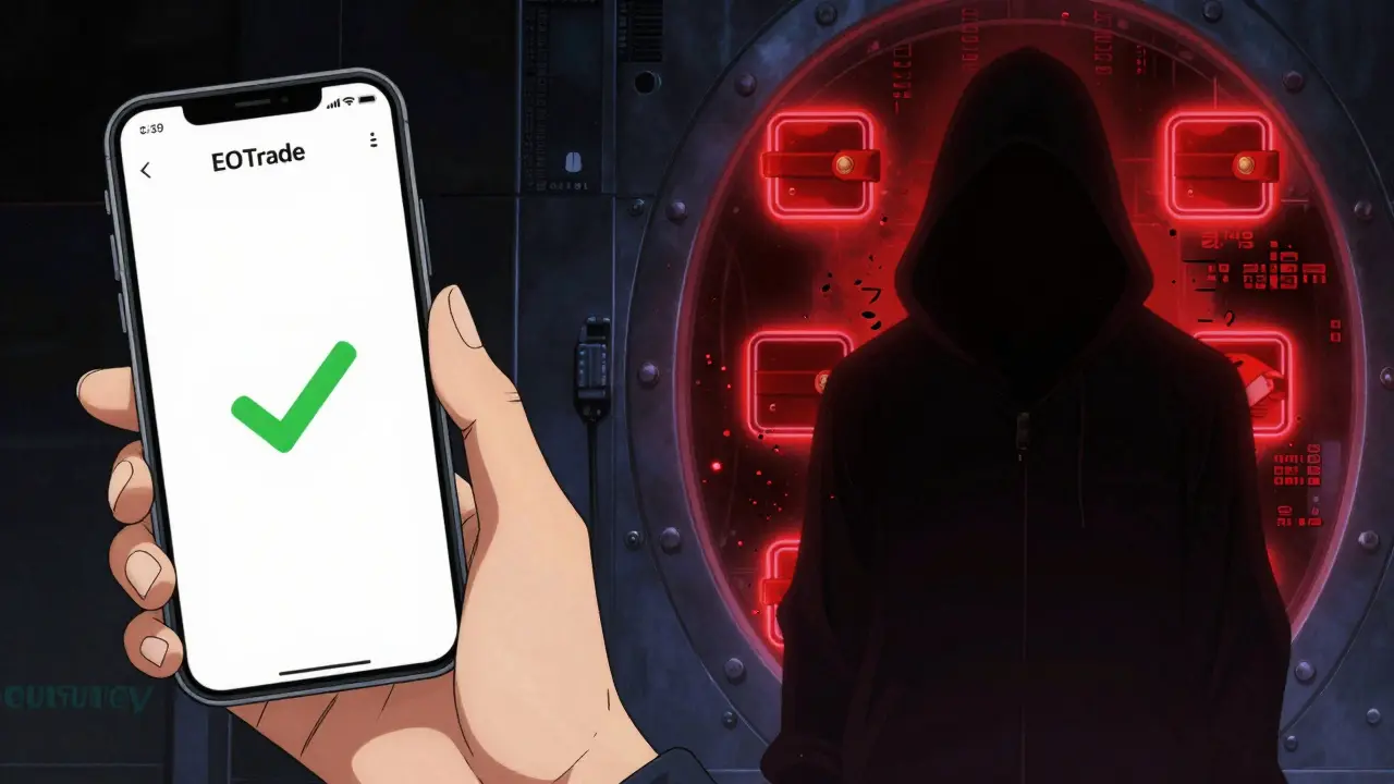 A secure cold wallet glows red as a hacker dissolves into static, symbolizing protection against breaches.
