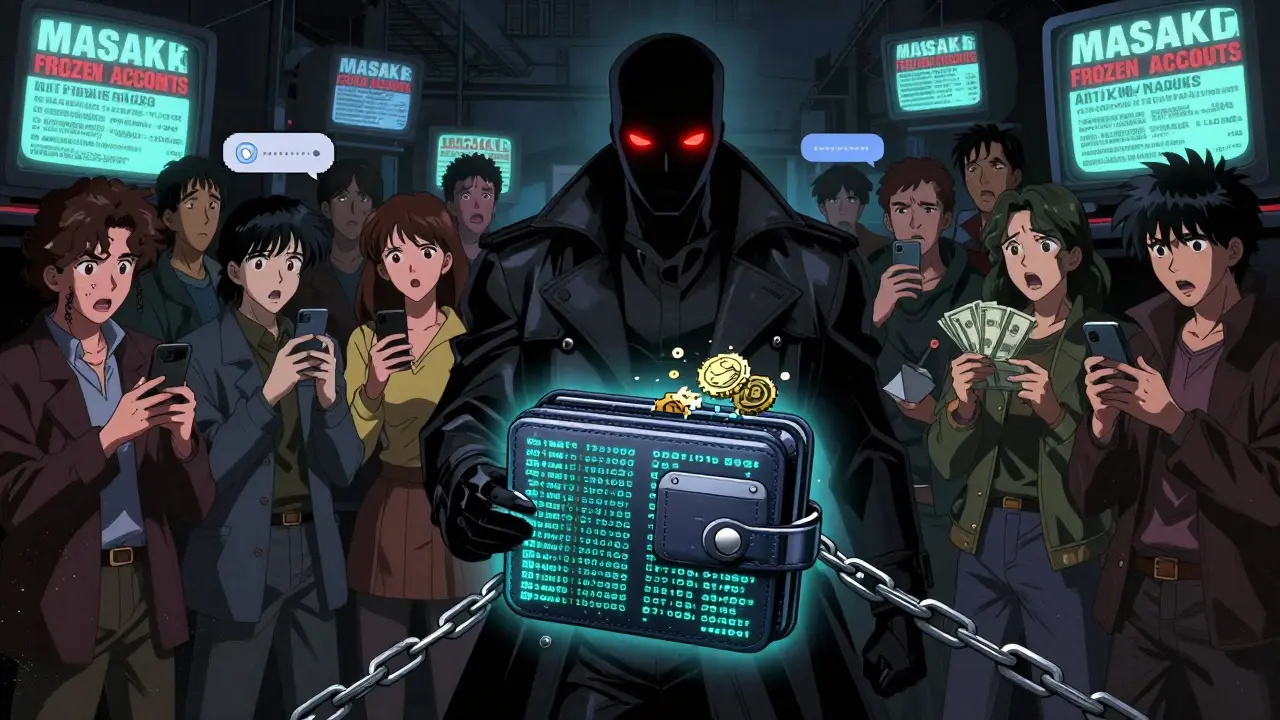 A shadowy agent seals a crypto wallet in chains as fearful users watch, pixelated coins exploding around them.