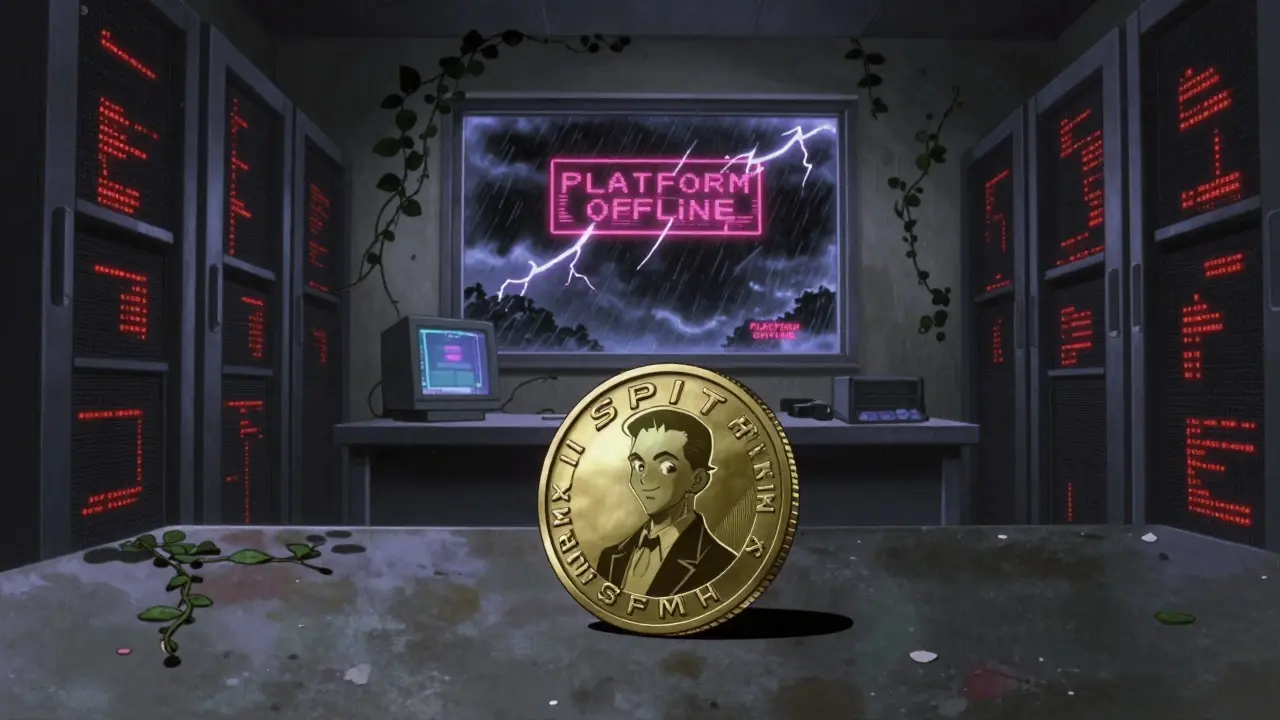 A single SPIN token on a dusty table in an abandoned server room, with flickering monitor saying 'PLATFORM OFFLINE'.