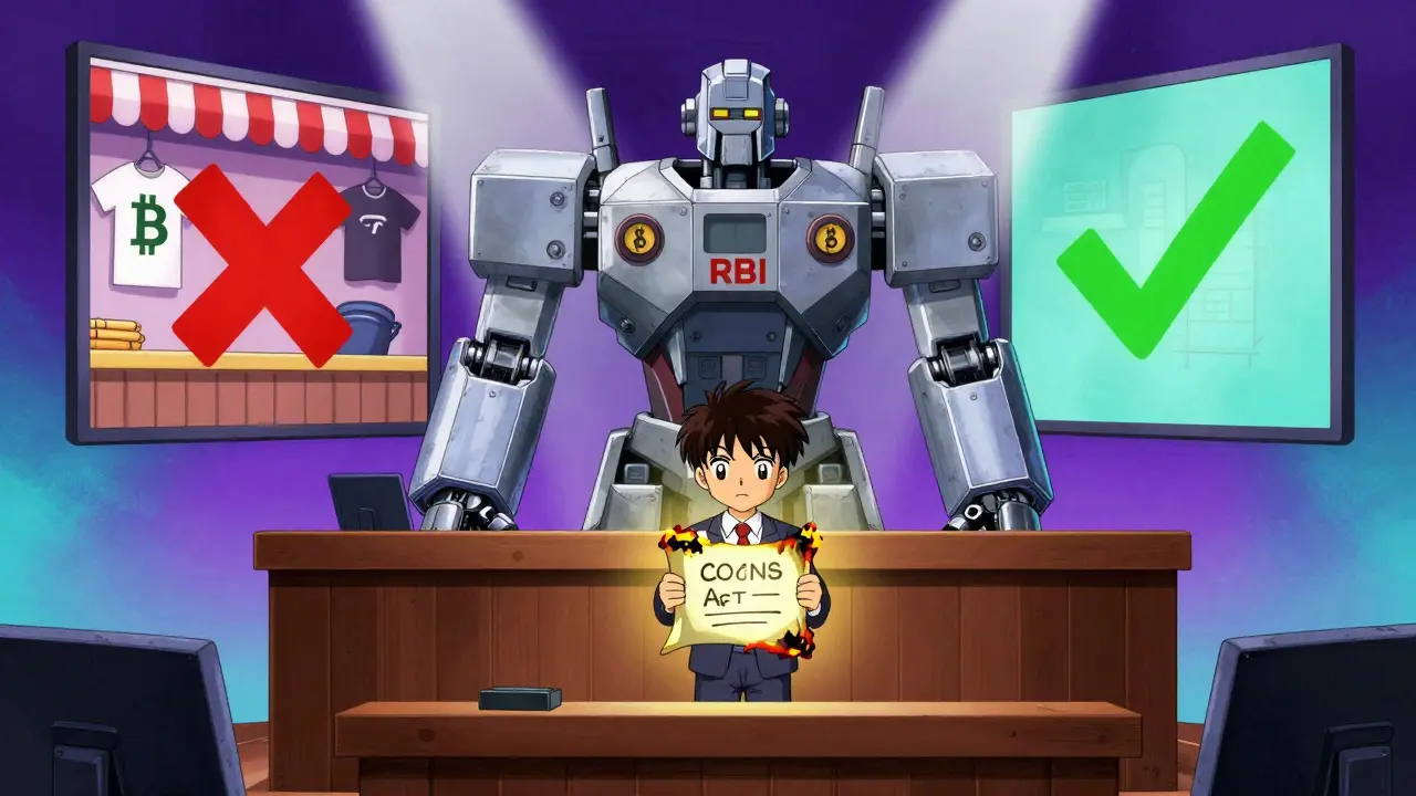 A small business owner confronts a blockchain-shaped judge as the COINS Act glows half-lit in a symbolic courtroom.