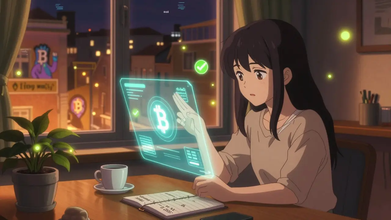 A woman swapping Bitcoin for Ethereum in her Lisbon apartment, with green tax-free checkmarks floating like fireflies.