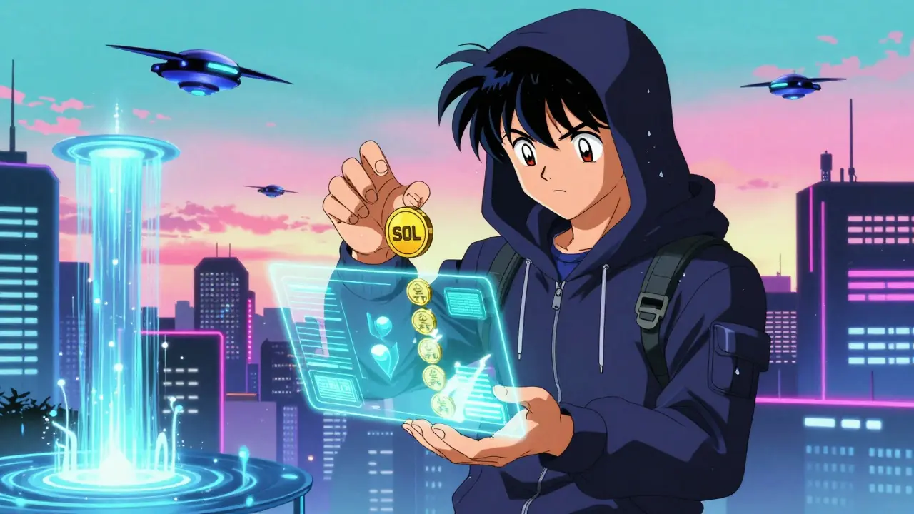 A young hacker receives wSOL tokens from a glowing smart contract in a neon-lit Solana cityscape.