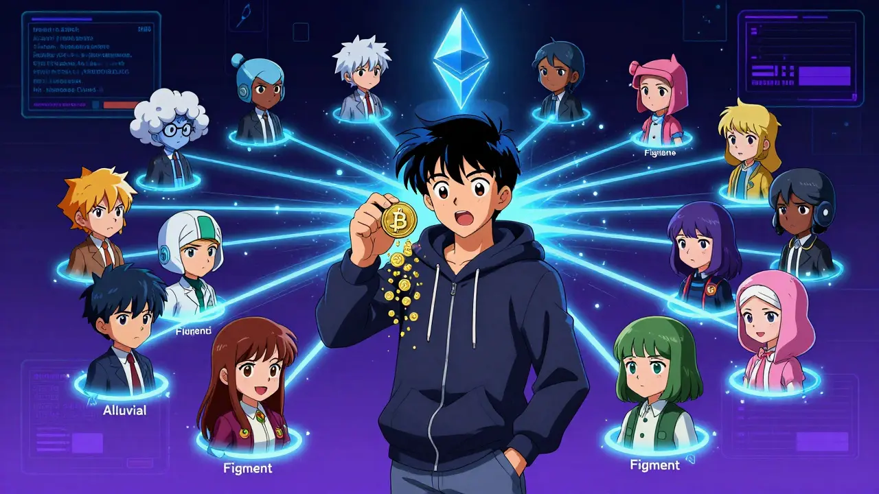 A young person holding ETH as it turns into LSETH tokens, surrounded by 15 validator avatars in a digital space.