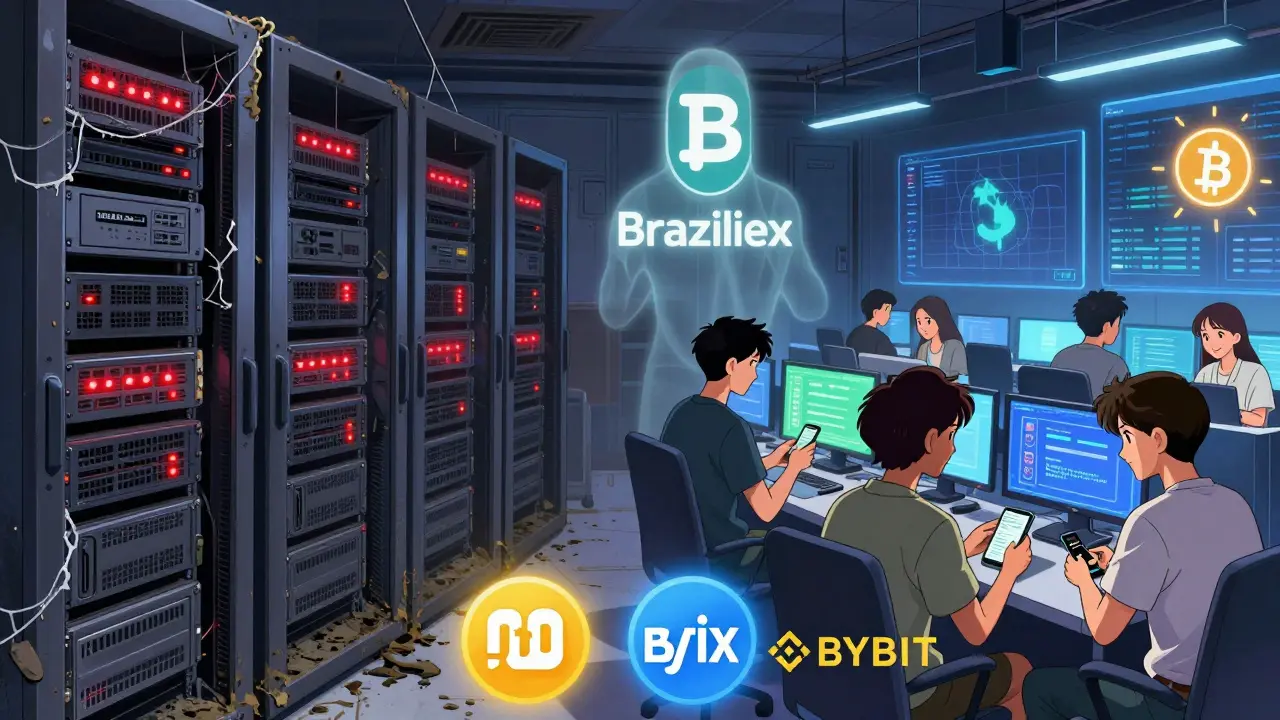 Abandoned server room vs. vibrant modern crypto hub with Pix payments, ghostly Braziliex logo fading.