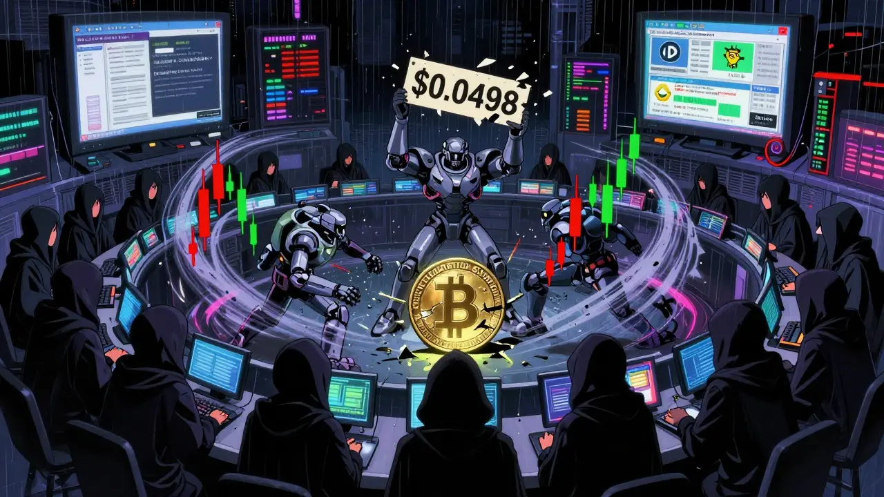 Chaotic crypto trading floor with AI agents battling price volatility under flickering exchange logos.