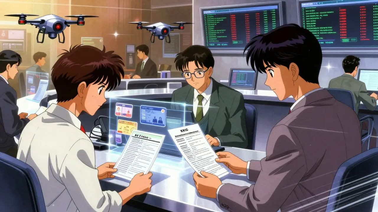 Crypto exchange staff verify KYC documents using holographic tech under AI surveillance in Mumbai.