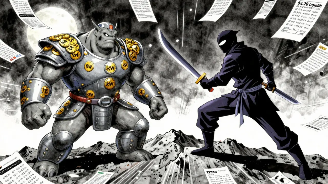 Digital battle: bulky Korean exchange vs. agile BTCC ninja, surrounded by trading volume and tax documents.