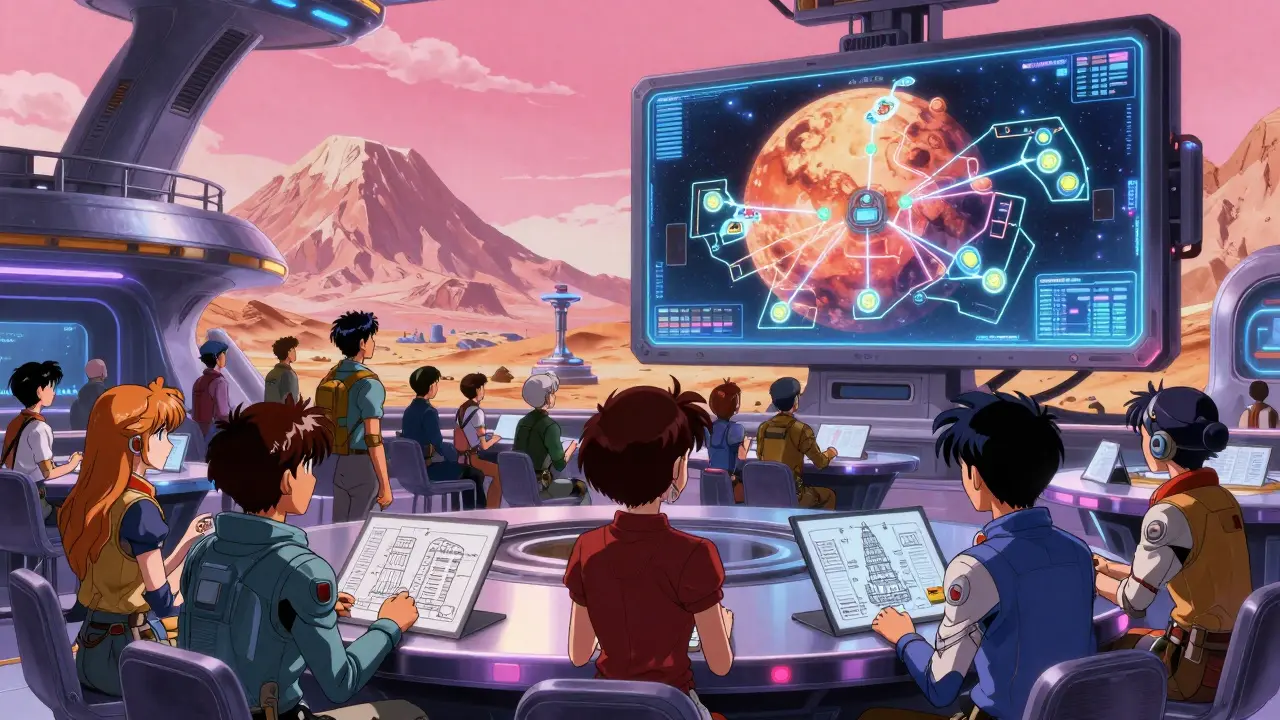 Diverse players in a Martian hub trading NFTs and watching a live battle on a holographic screen.