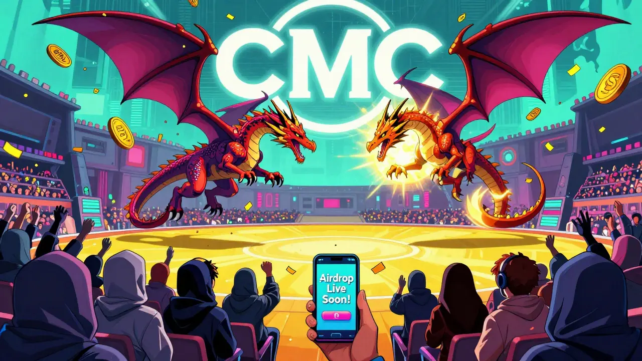 Dragon NFTs battling in an arena as DRV tokens fall from a giant CoinMarketCap logo