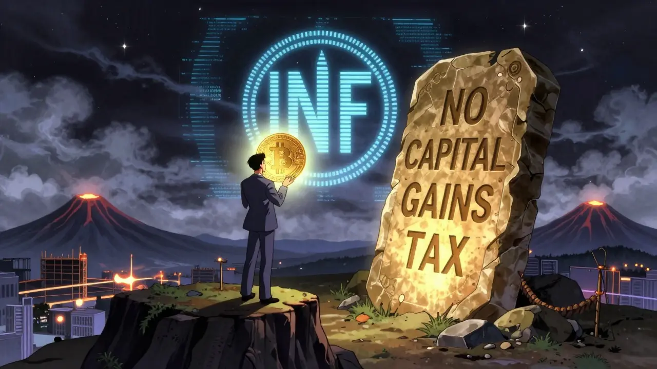 Foreign investor on cliff holding glowing ₿3 Bitcoin, ancient tax exemption tablet glowing below.