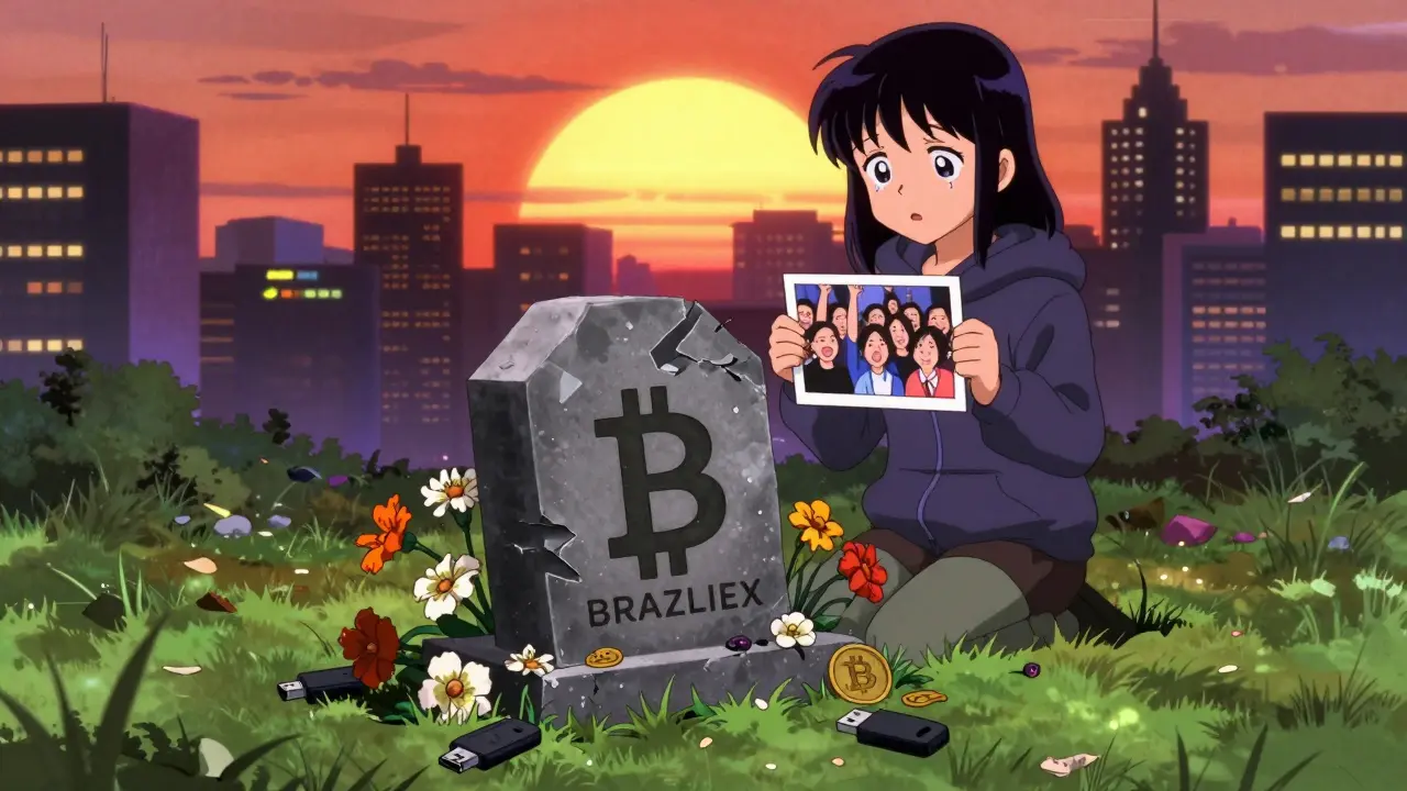 Funeral for Braziliex with Bitcoin tombstone, tearful user holding old photo, modern exchanges glowing in distance.