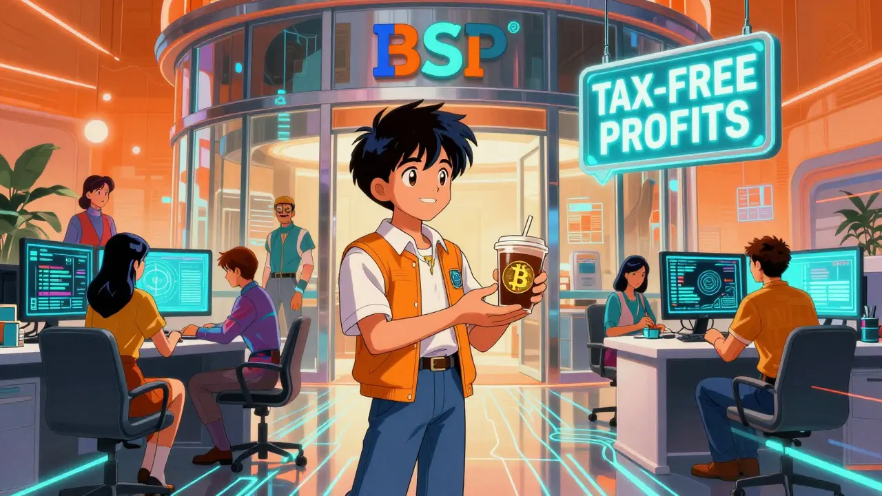 Futuristic Bitcoin business office with holographic charts and customer receiving coffee paid in Bitcoin.