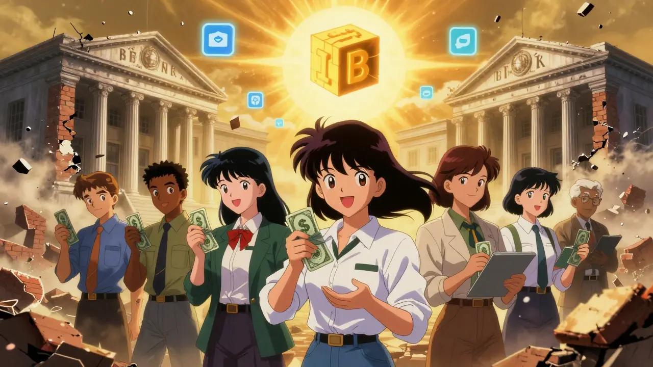 Global workers celebrate instant payments as traditional banks crumble into pixels, replaced by glowing smart contracts and a blockchain-shaped sun.