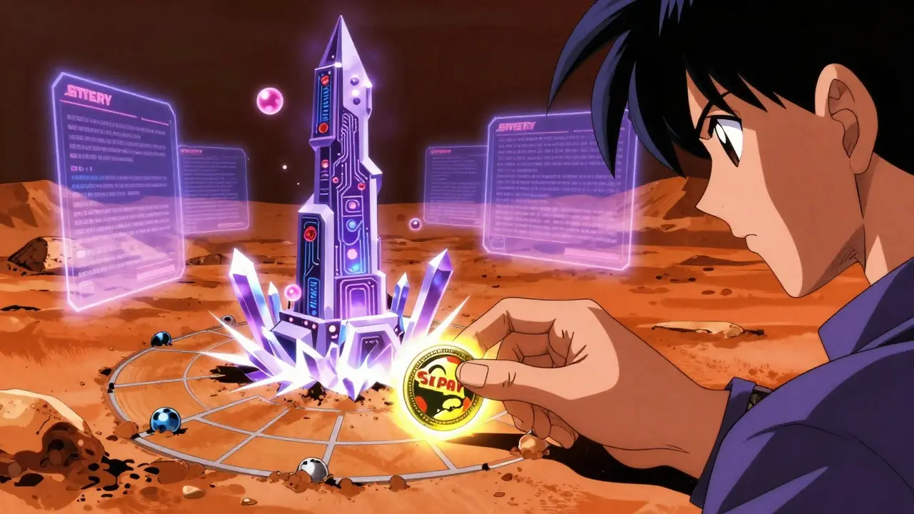 Hand placing a SPAY token into Martian soil, causing a rare Legendary tower to rise with glowing energy.