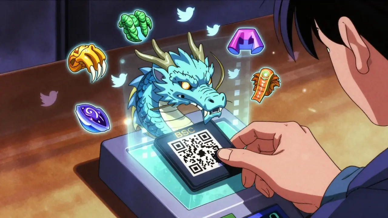Hand placing a wallet QR code into a dragon-shaped holographic terminal