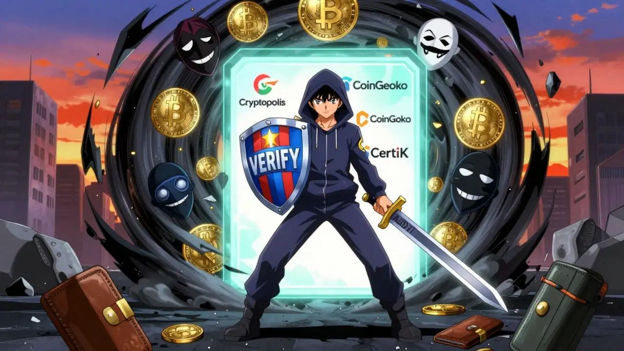 Hero in hoodie battles scam symbols with a verify shield and audit sword, standing before trusted crypto platforms.