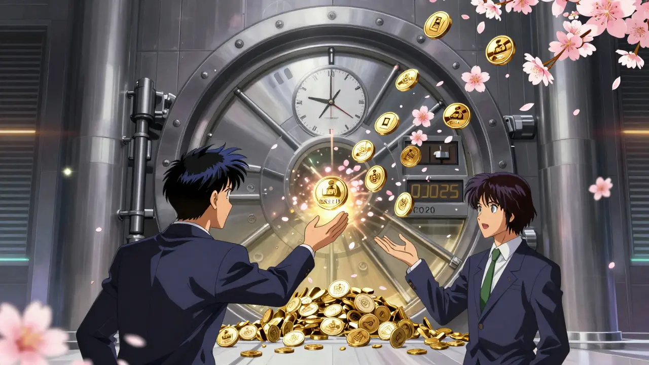 Institutional vault releasing LSETH tokens like cherry blossoms, with executive and staker reaching for them.