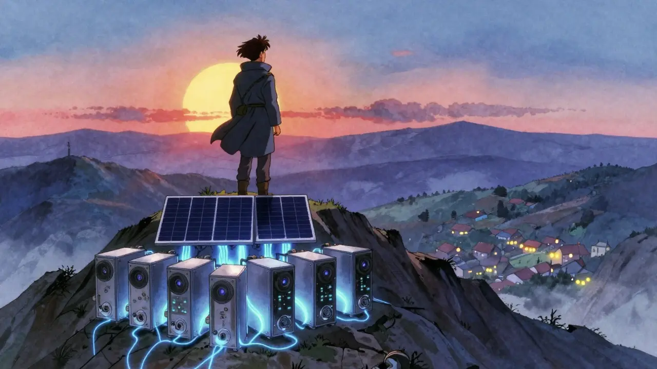 Miner on mountain peak with solar panels powering rigs, sunrise behind him, village lights below.